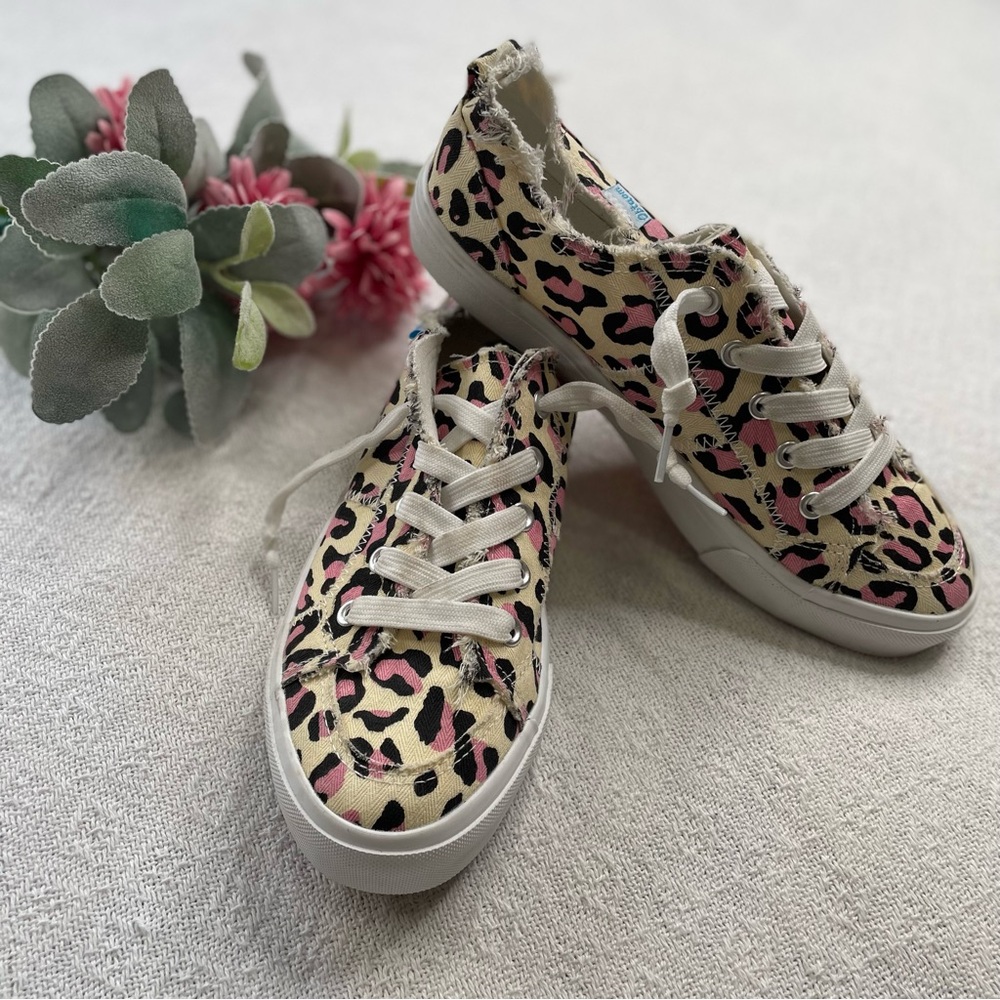 Womens Pink Leopard Canvas Lace-Up Sneakers ~ Size 9 ~ Rag style